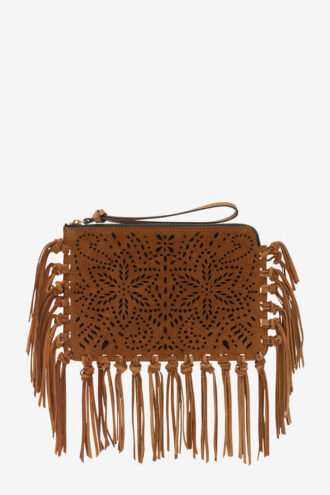 Flache Clutch-Tasche aus Leder mit Fransen