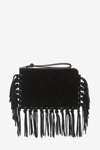 Flache Clutch-Tasche aus Leder mit Fransen